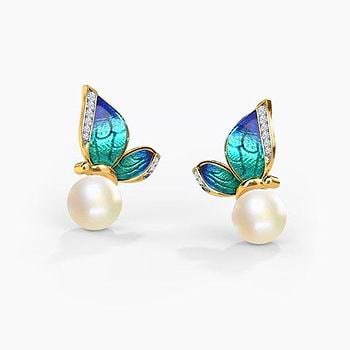 Perched Blue Butterfly Pearl Stud Earrings