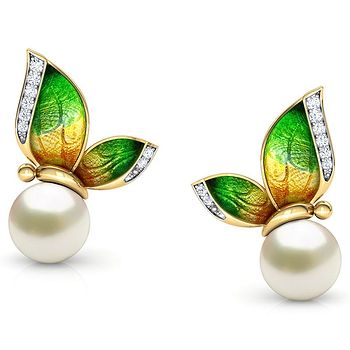 Perched Green Butterfly Pearl Stud Earrings