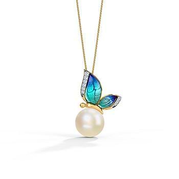 Perched Blue Butterfly Pearl Pendant