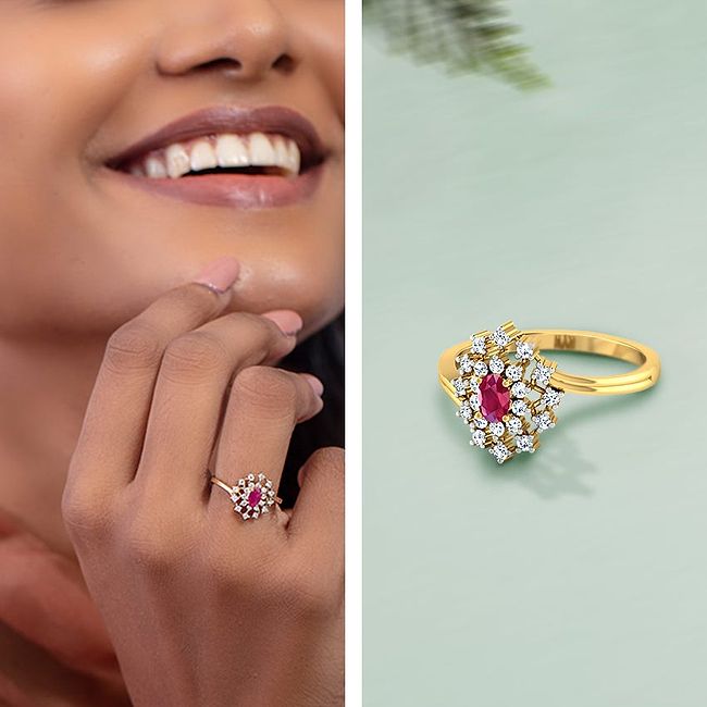 Buy Crimson Dew Ruby Diamond Ring 18 KT yellow gold (2.45 gm). | Online By  Giriraj Jewellers