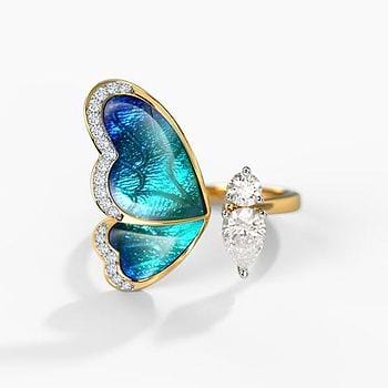 One Wing Blue Butterfly Diamond Ring