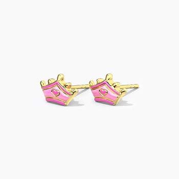 Pretty Pink Tiara Kids' Gold Earrings