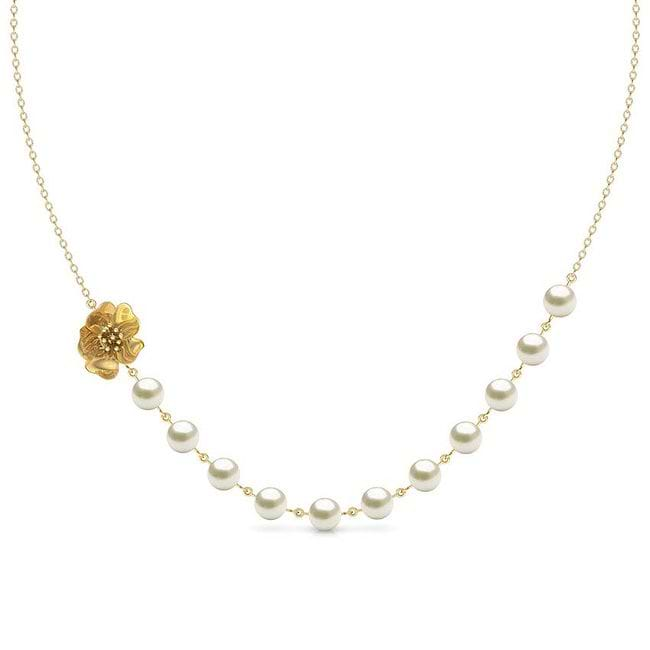 CaratLane Yellow Gold Floret Pearl String Gemstone Necklace 18 Karat